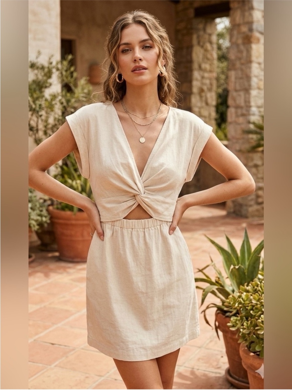 1.STATE Twist Front Linen Blend Cutout Mini Dress Cream Beige S